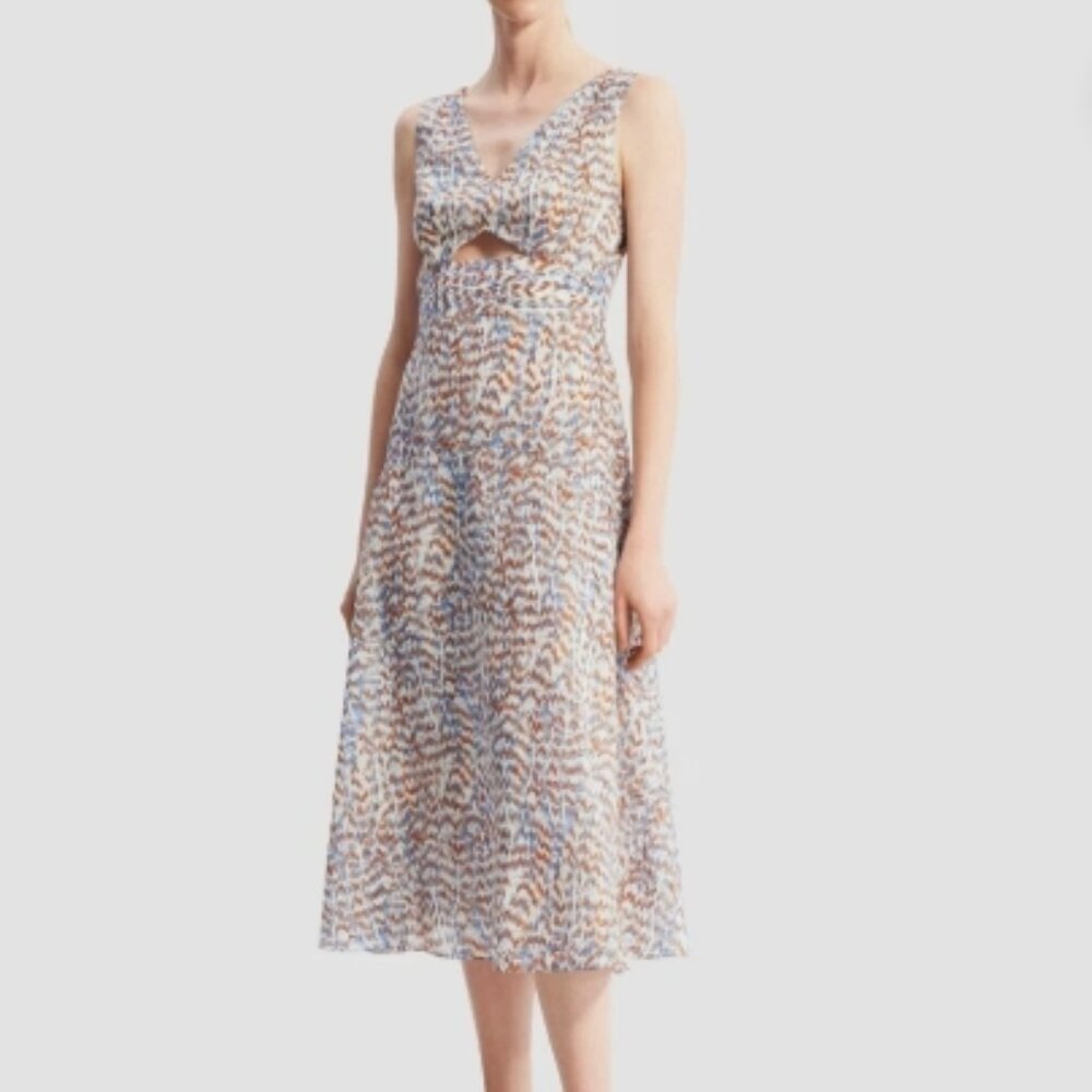 Theory Cutout Midi Dress in Printed Poly – Blue Multi, Size 6, NWOT